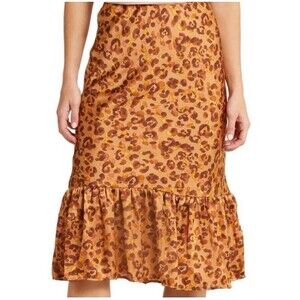 Forgotten Grace Medium Flounce Hem Satin Midi Skirt Cheetah Leopard Animal Print